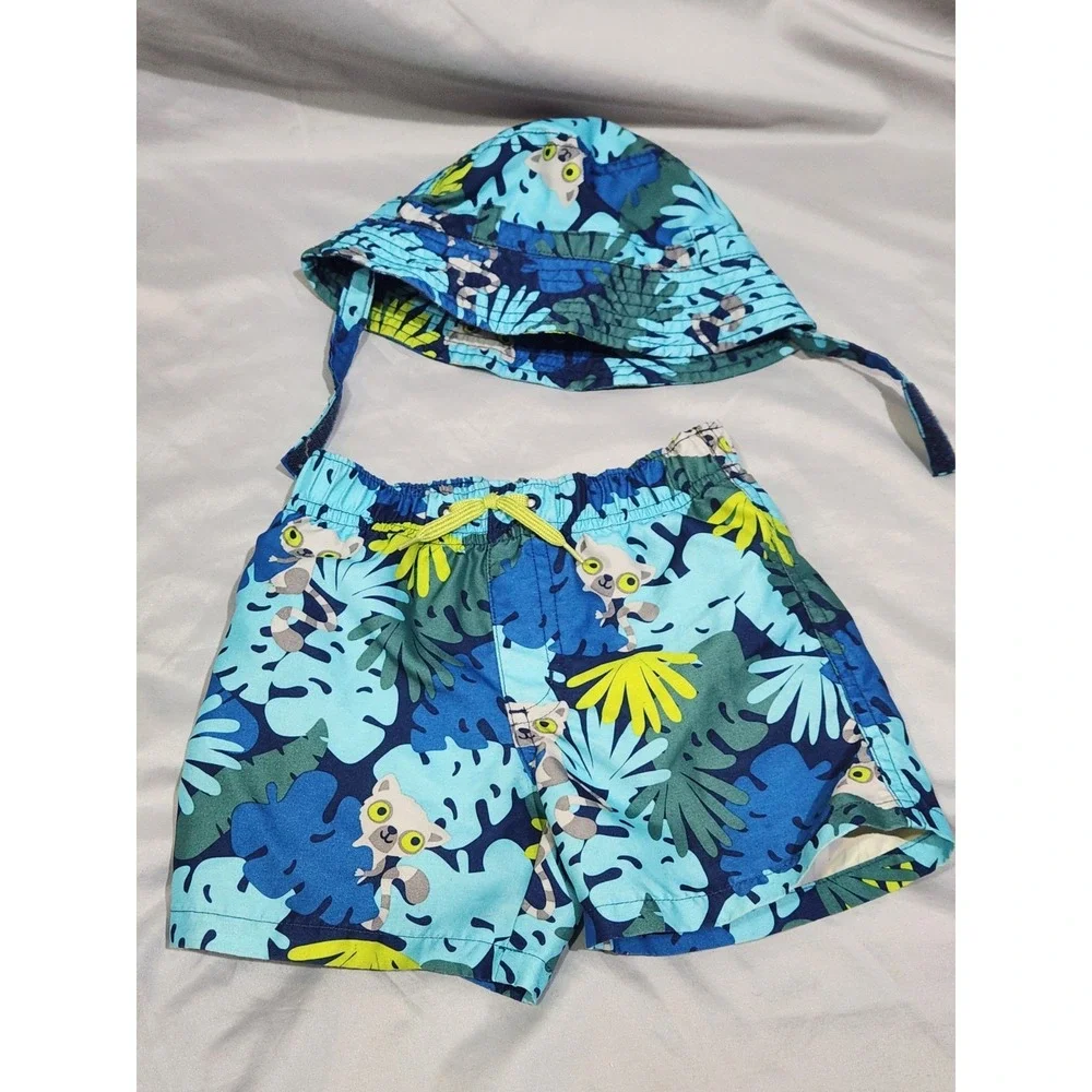 Gymboree Lemur Jungle‎ Swimtrunks And Bucket Hat w Strap 12-18m 2014
